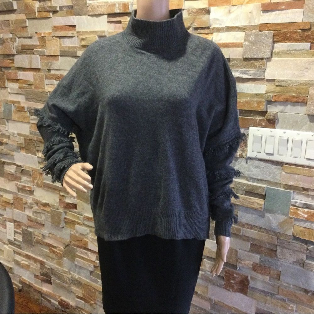 BRODIE Fine Cashmere Naomi Fringe Sleeve Sweater - Derby Grey
